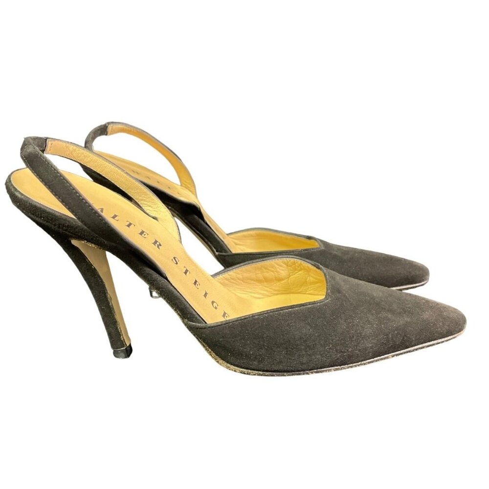 Walter Steiger Women's Italian Black Suede Slingback Heels Size 5.5-SKU 1941